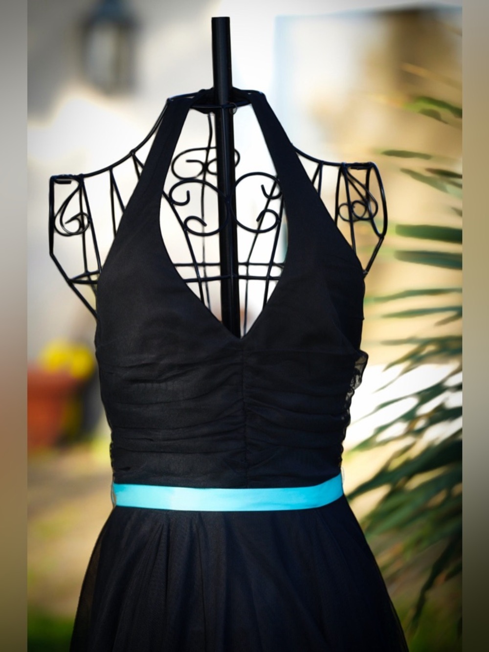 Black Halter Ruched Chiffon Dress with Turquoise Sash